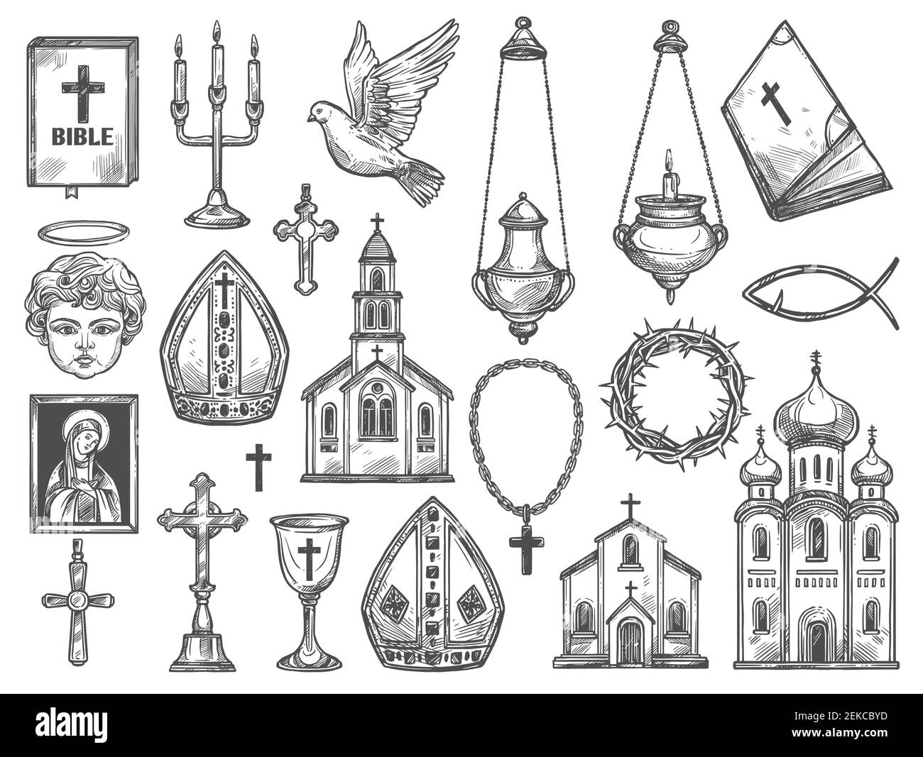 Christian Religion Symbols And Church Supplies Sketches Vector 