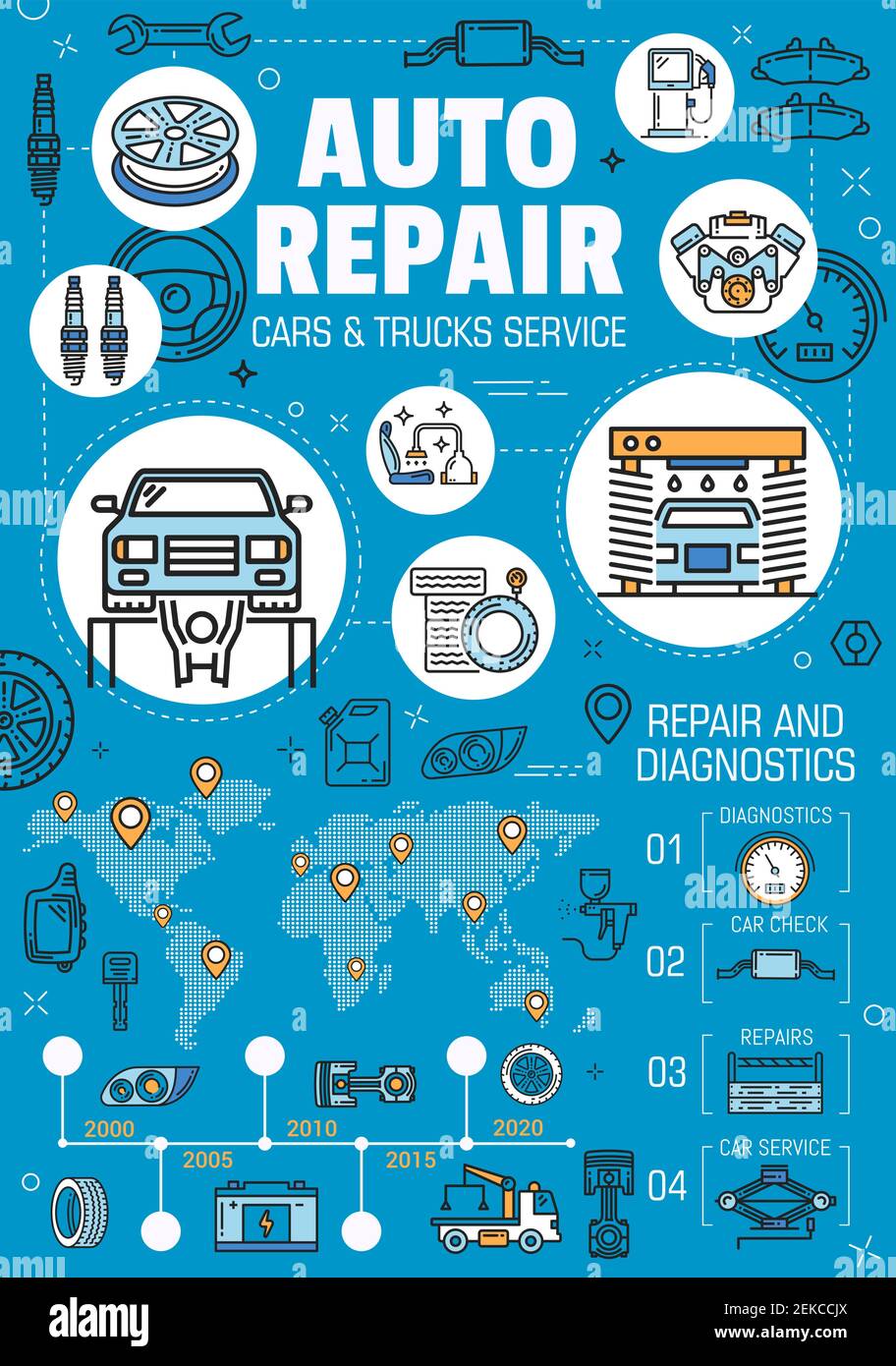 Auto repair, wash and diagnostics vector infographics of cars and trucks service design. Time chart and graph with spare parts and mechanic tools, wor Stock Vector