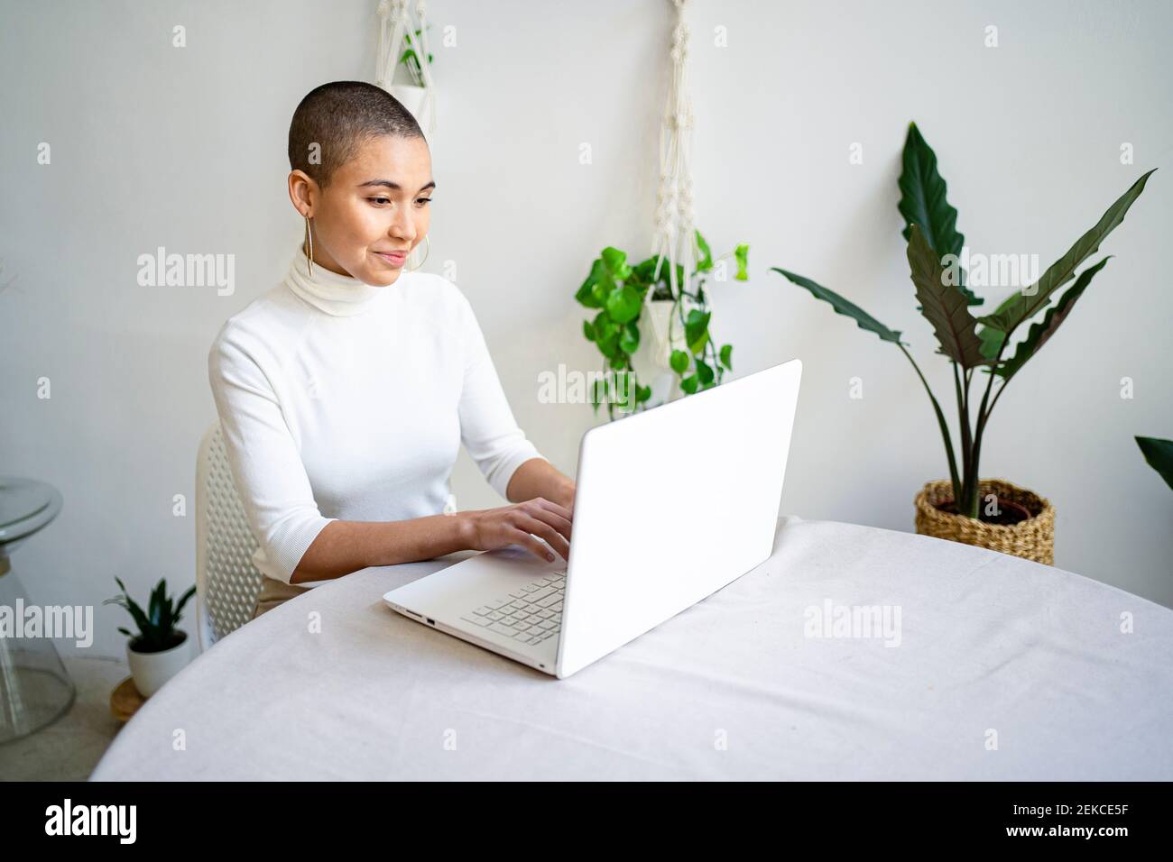 Smiling young female entrepreneur using laptop while working at home Stock Photo