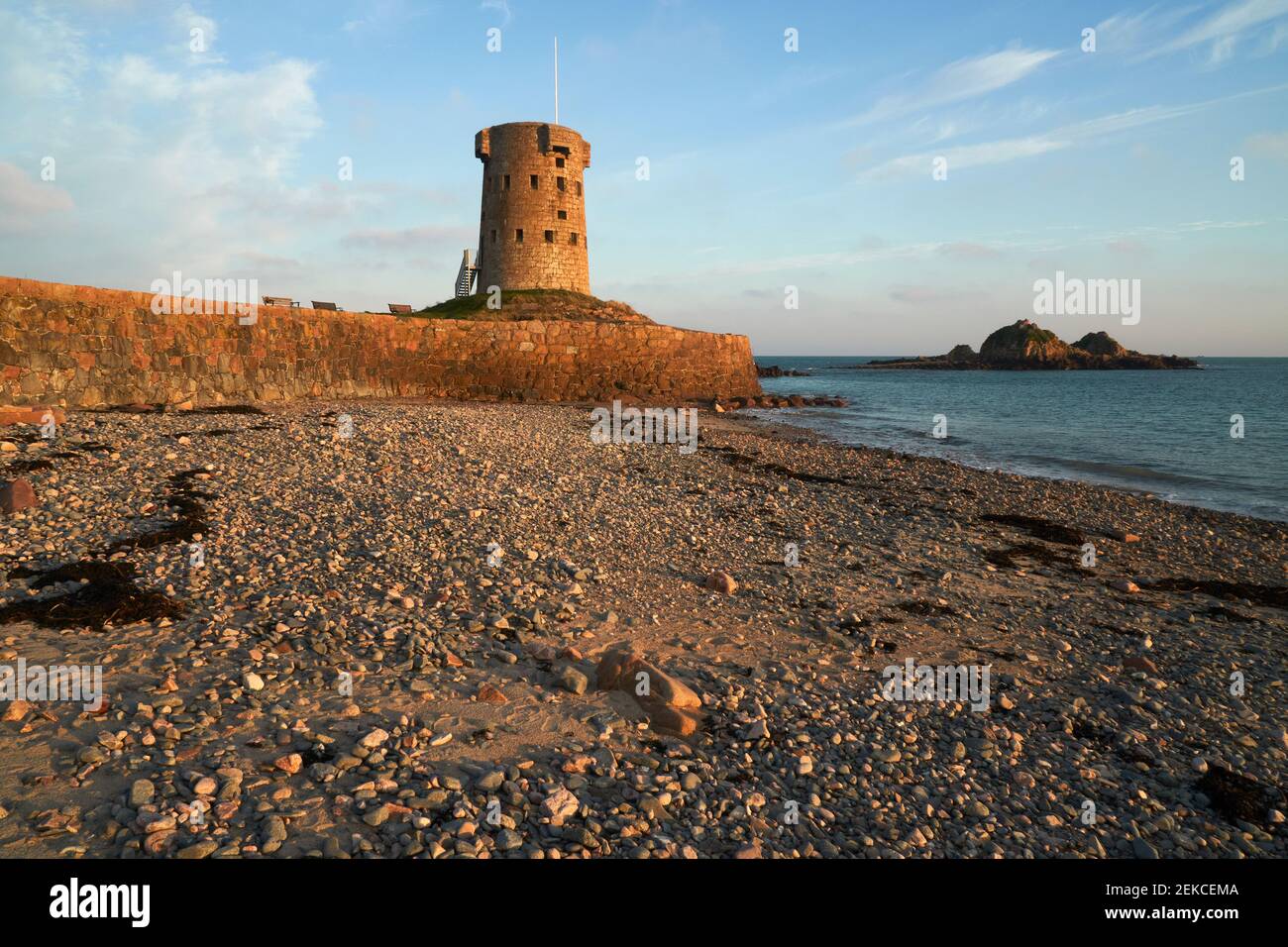 Le Hocq tower in Jersey, one of the Channel Islands. The tower was built in 1781 to defend against invasion from the sea. Stock Photo
