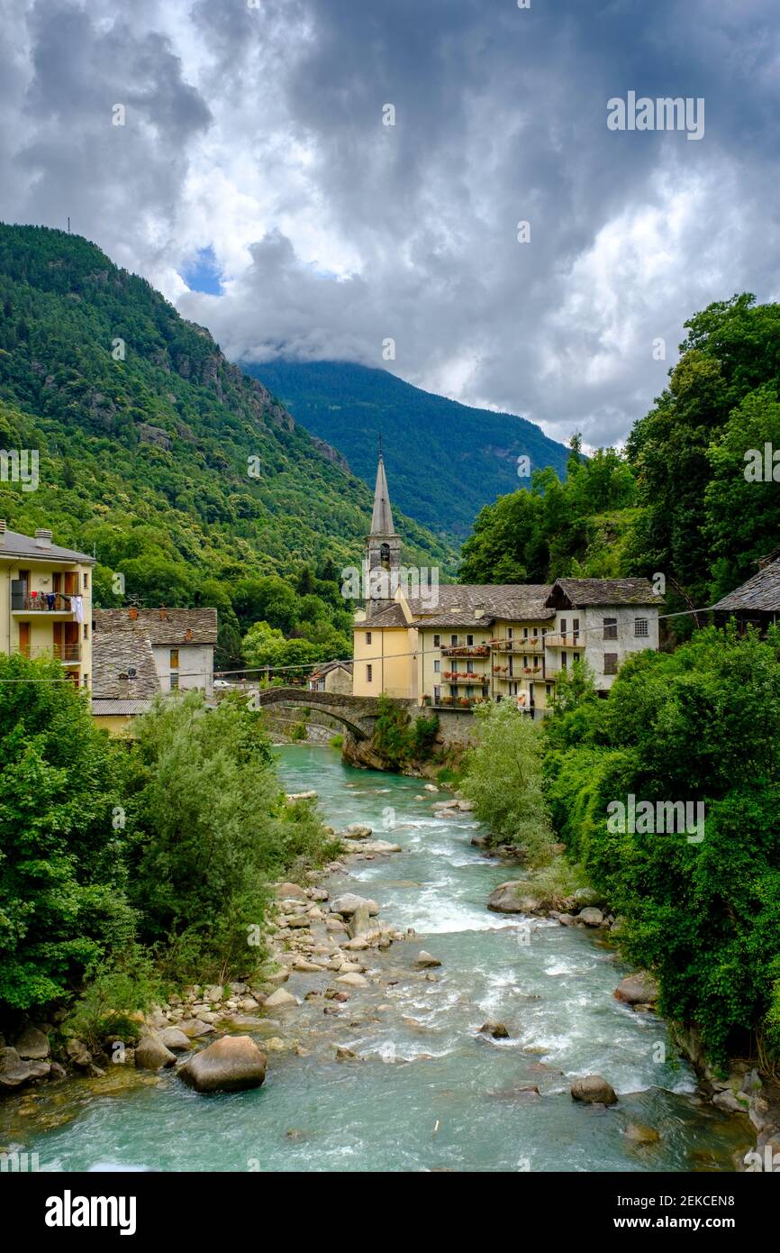 Italy, Gressoney-La-Trinite, Riverside village in Val di Gressoney Stock Photo