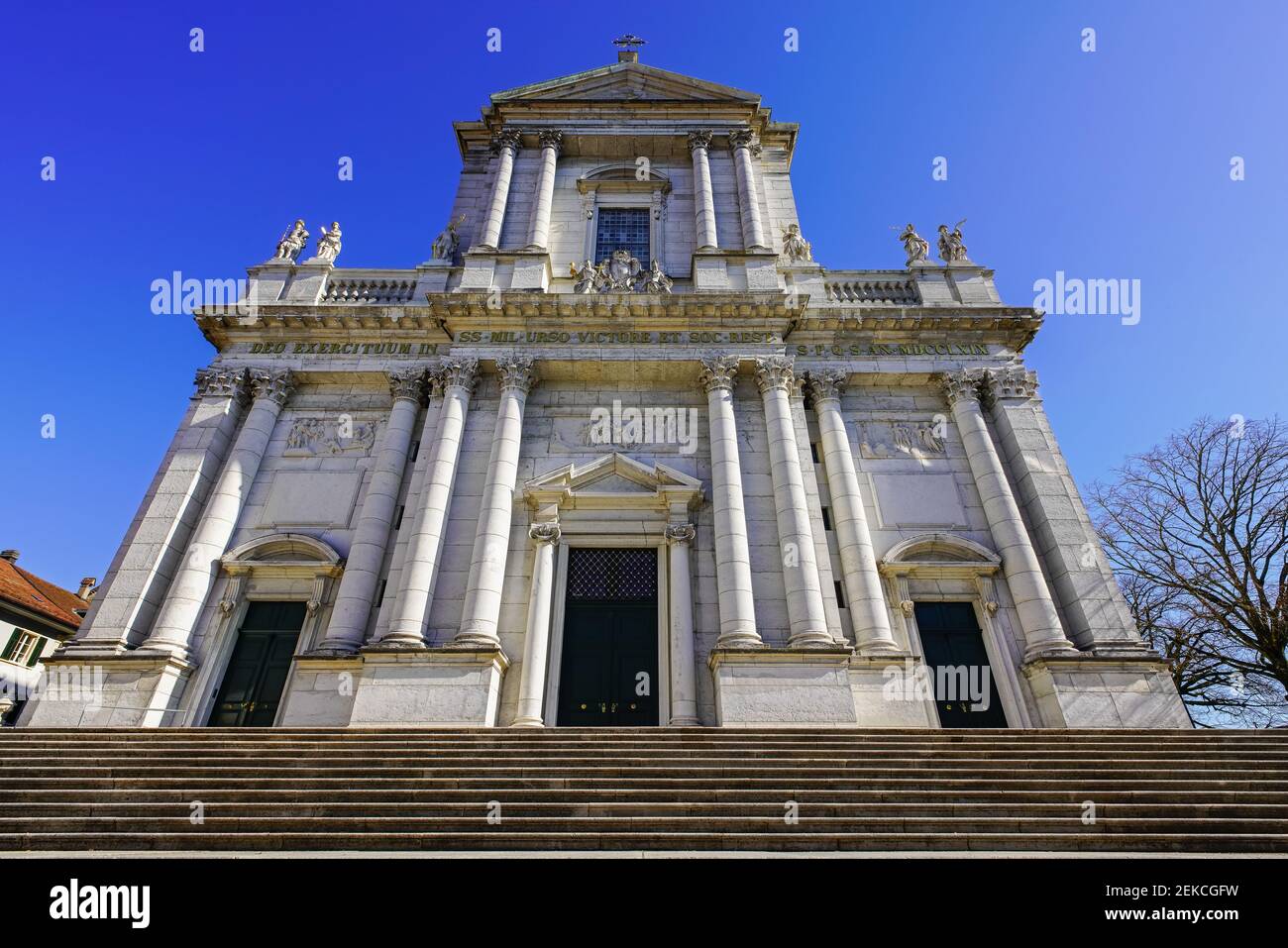 Western facade of Baroque St. Ursus Cathedral in Solothurn the the capital city of Canton Solothurn, Switzerland. Stock Photo