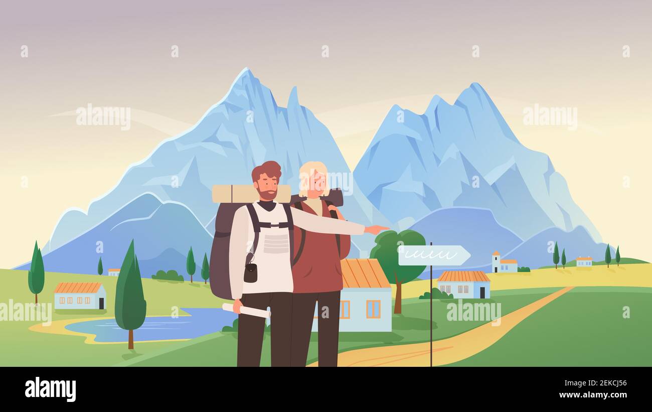 People tourists hiking vector illustration. Cartoon young couple traveler hiker characters visit mountain village landscape, man showing way, hike and travel adventure, summer tourism background Stock Vector