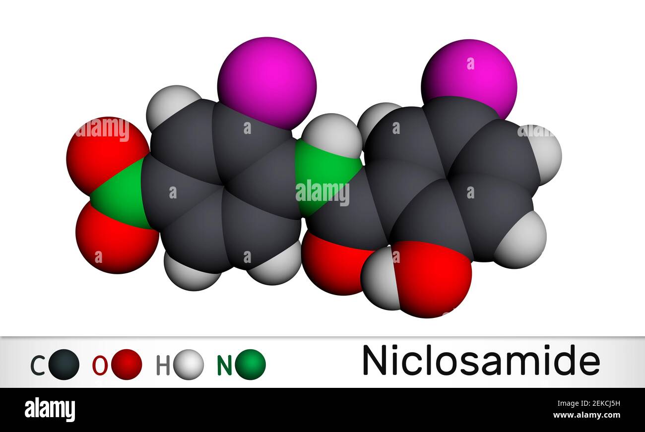 Niclosamide molecule. It is chlorinated salicylanilide, antihelminthic