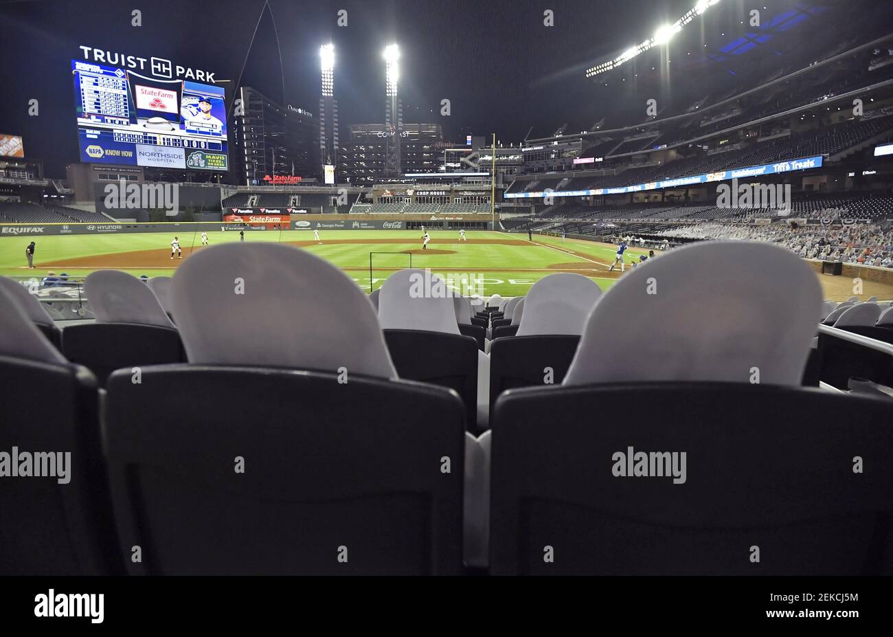 August 06, 2020 Cardboard cutouts of fans fill the seats of a MLB game between the Toronto Blue