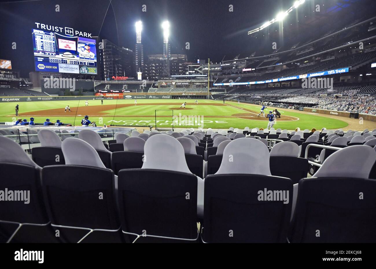 August 06, 2020: Cardboard cutouts of fans fill the seats of a MLB game  between the Toronto Blue Jays and Atlanta Braves at Truist Park in Atlanta,  GA. Austin McAfee/(Photo by Austin