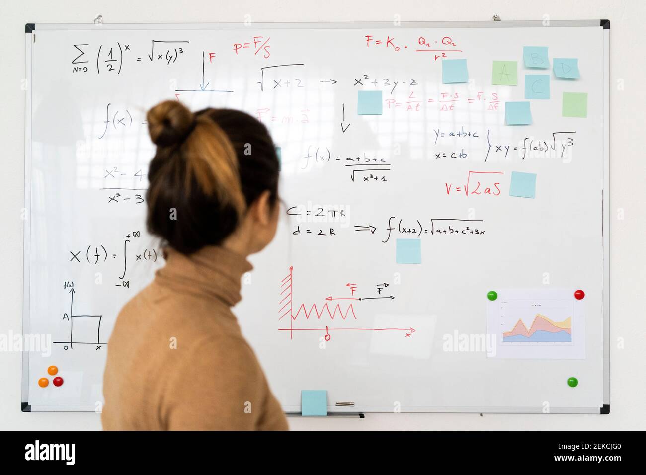 Woman analyzing mathematical formula written on whiteboard in living room Stock Photo