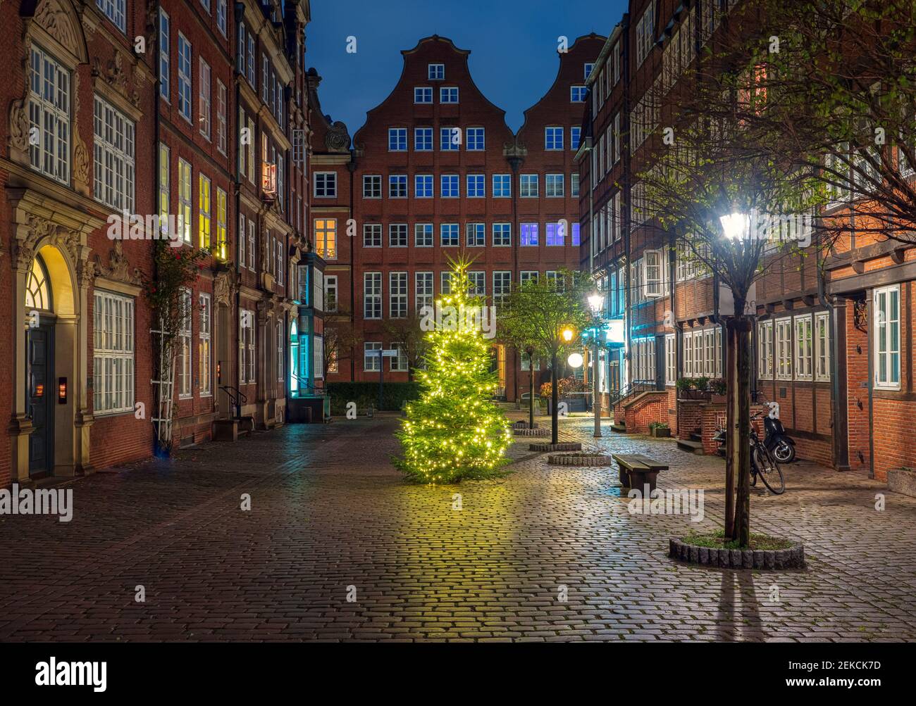 Germany, Hamburg, Composers Quarter and Christmas decorations in city street Stock Photo