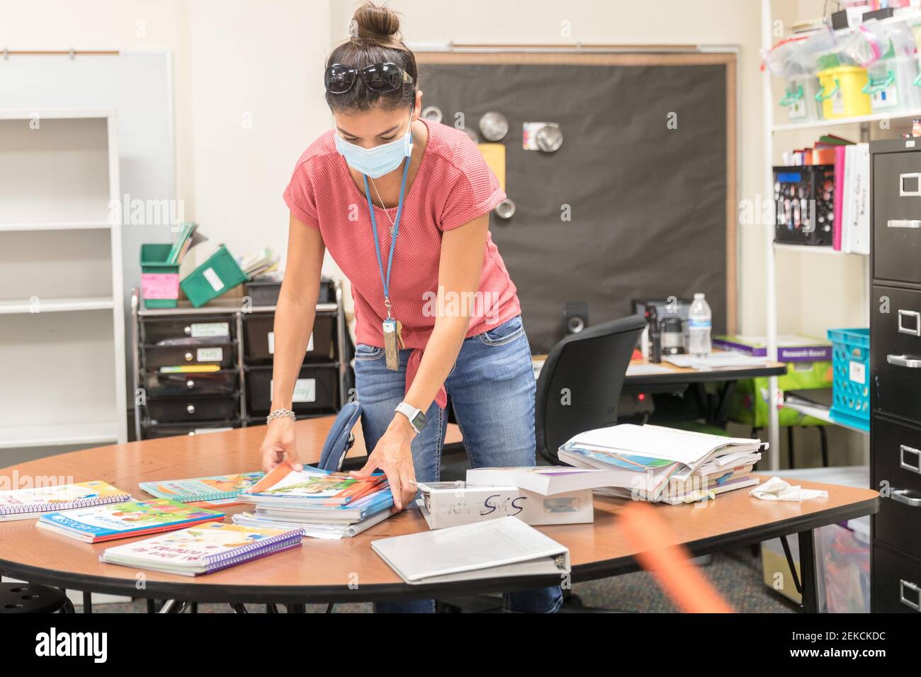 August 6, 2020 Donning a mask, first grade teacher Patricia Echeverria