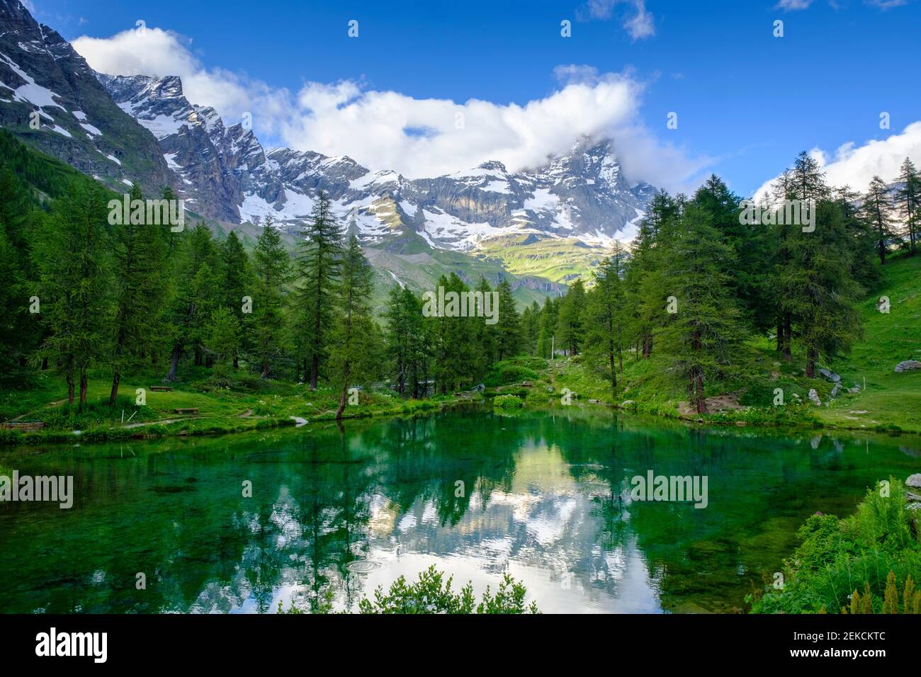 Scenic view of Lago Blu in spring with Matterhorn in background Stock Photo