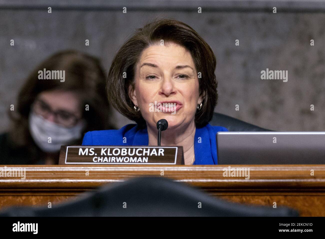 Washington, United States. 23rd Feb, 2021. Chairwoman Amy Klobuchar, D-Minn., speaks at the start of a Senate Homeland Security and Governmental Affairs & Senate Rules and Administration joint hearing on Capitol Hill in Washington, Tuesday, February 23, 2021, to examine the January 6th attack on the Capitol. Pool Photo by Andrew Harnik/UPI Credit: UPI/Alamy Live News Stock Photo