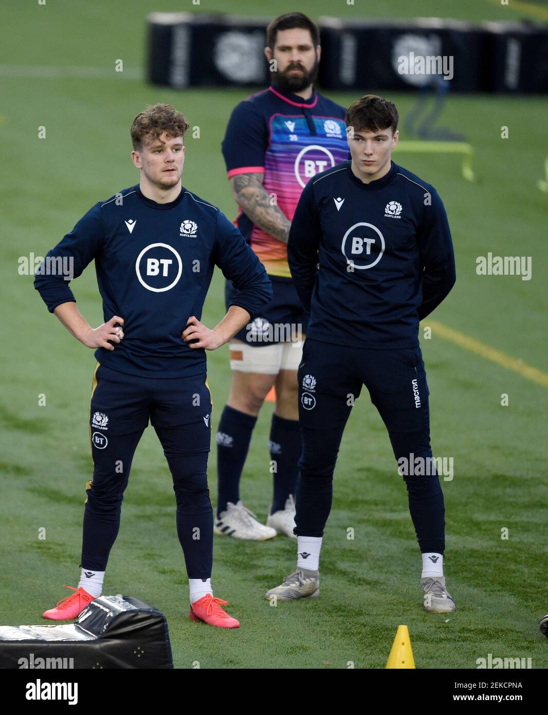 Guinness Six Nations Rugby 23rd February 2021: L to R, Scotland players Darcy Graham, Cornell du Preez and Jamie Dobie during the Scotland squad training at the Oriam sports centre, Riccarton, Edinburgh, Scotland, UK.     Credit: Ian Rutherford/Alamy Live News. Stock Photo
