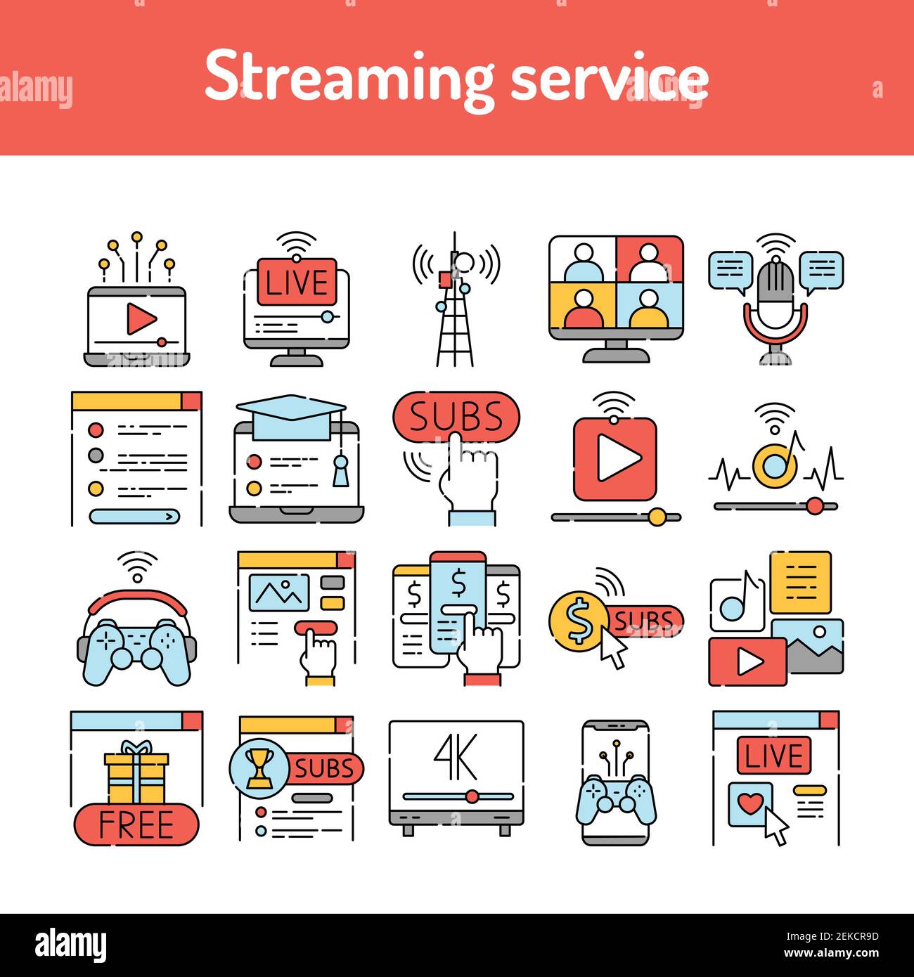 Streaming service line icons set. Isolated vector element. Stock Vector