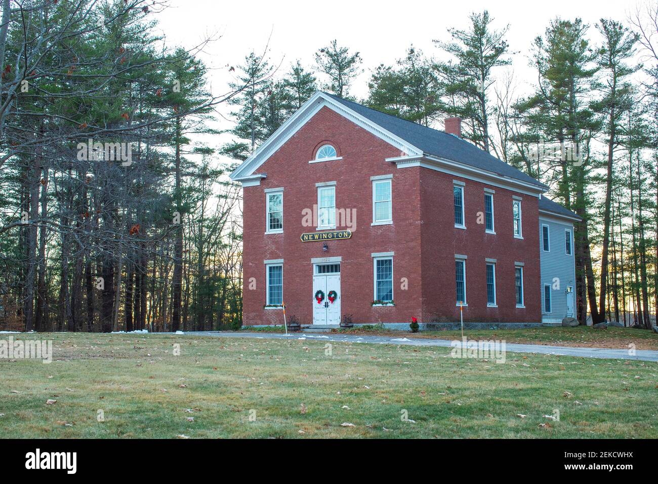 Built in 1872 this second Town Hall, was a schoolhouse on the bottom floor and a town meeting room (Town Hall) on the top floor. The Newington Grange Stock Photo