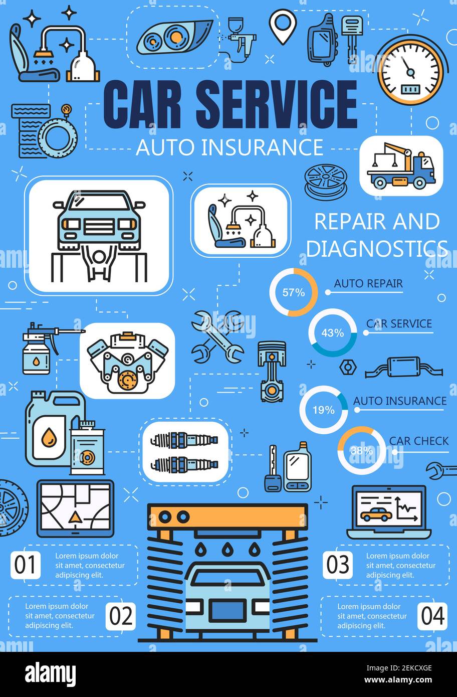 Car service and auto insurance vector infographics with vehicle repair and diagnostic charts. Engine spare parts graphs with motor oil, wheel tires an Stock Vector