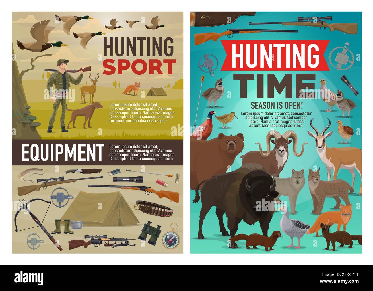 Hunting sport vector design of hunter equipment, animals and birds. Cartoon huntsman with dog and rifle, duck, bear and wolf, deer, shotgun and knife, Stock Vector