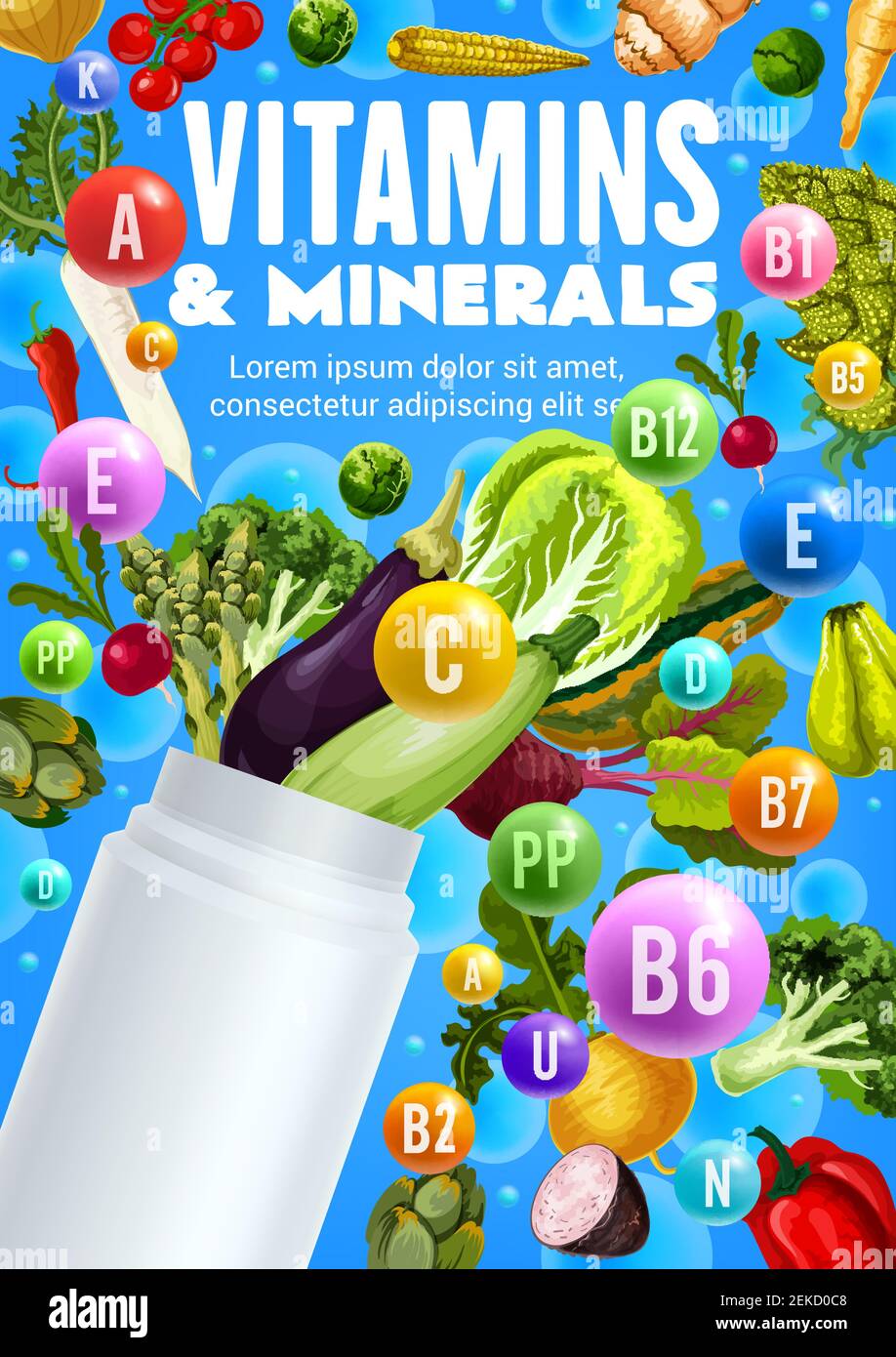 Vitamins and minerals of fresh vegetables vector design with health food nutrition benefits
