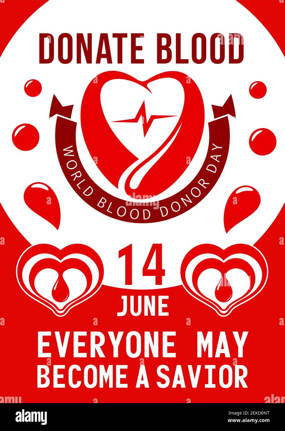 Donate blood poster for 14 June of World blood donor day. Vector design of heart, blood drop and helping hand with red ribbon for social charity event Stock Vector Image & Art -
