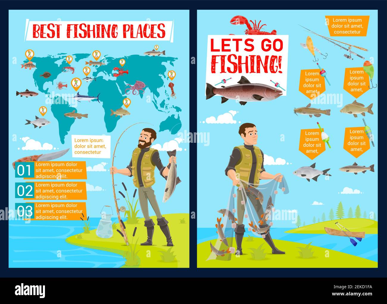 Infographic of fishing sport with fish and charts, fisherman and