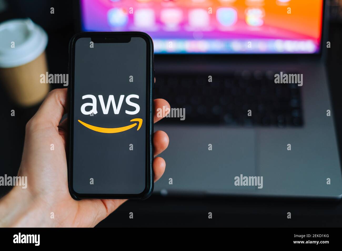 Amazon Web Services logo on the smartphone screen. Stock Photo