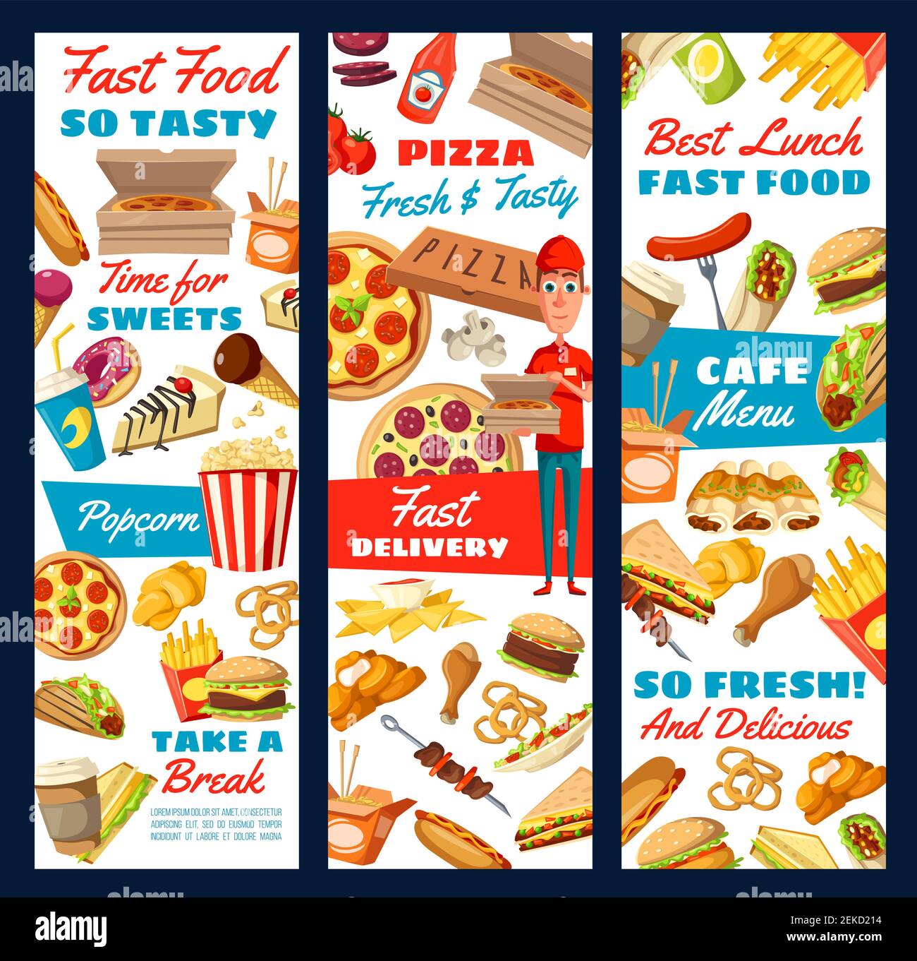 Fast food restaurant delivery service vector banners with takeaway meal