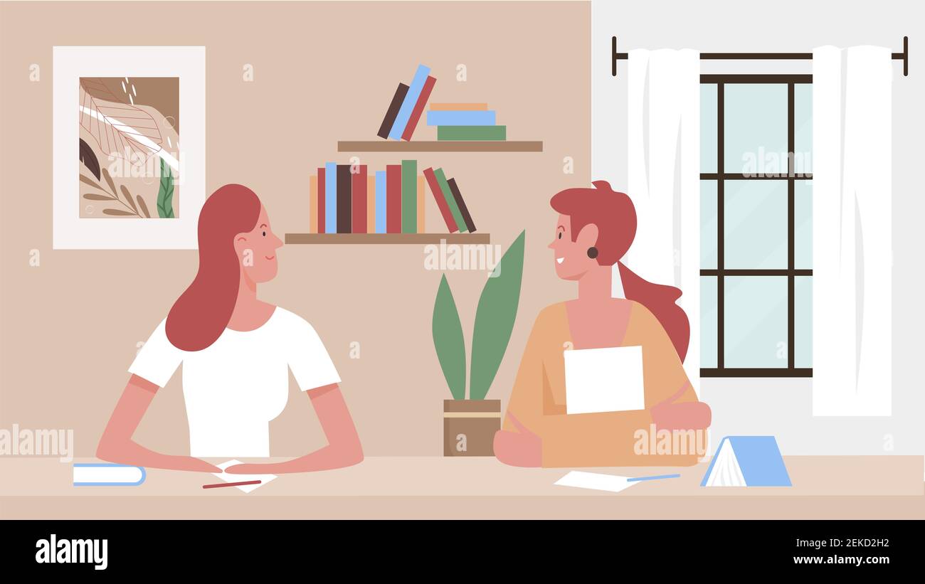 Girls communicate at home vector illustration. Cartoon young woman friends characters sitting at study table with books, studying and communicating together, friendship communication scene background Stock Vector