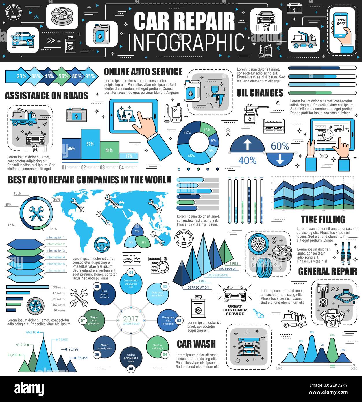 Car repair infographic with vector auto service world map, charts and