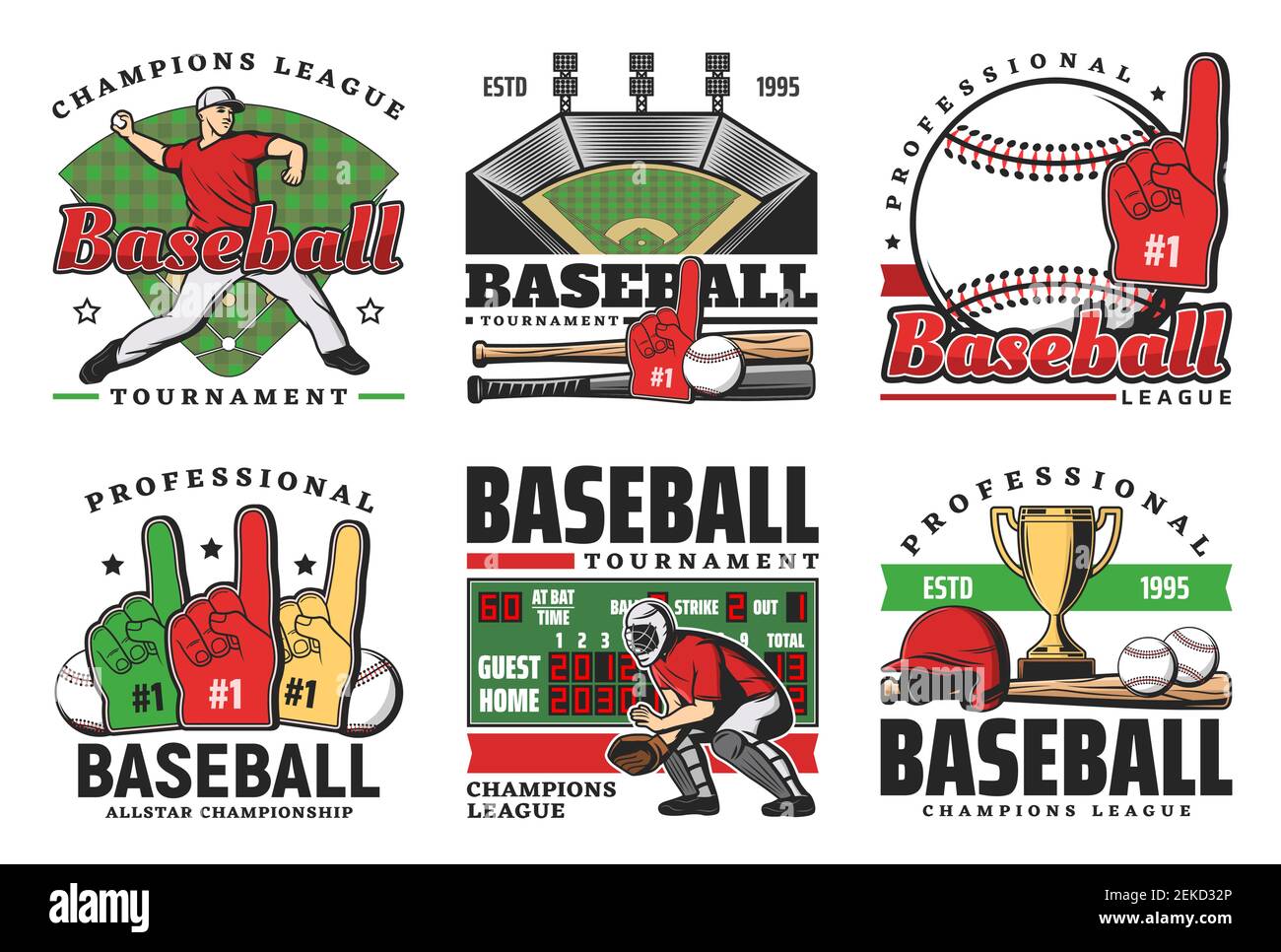Baseball sport game vector icons with balls, bats and winner trophy cup ...