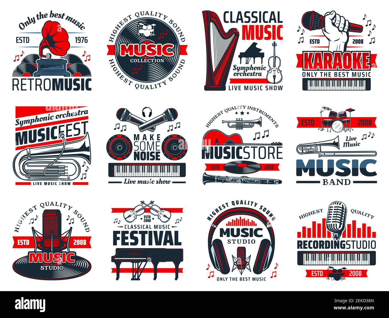 Music vector icons of musical instruments, microphone, sound recording studio equipment. Vinyl records player, guitar and piano, drum, violin and head Stock Vector