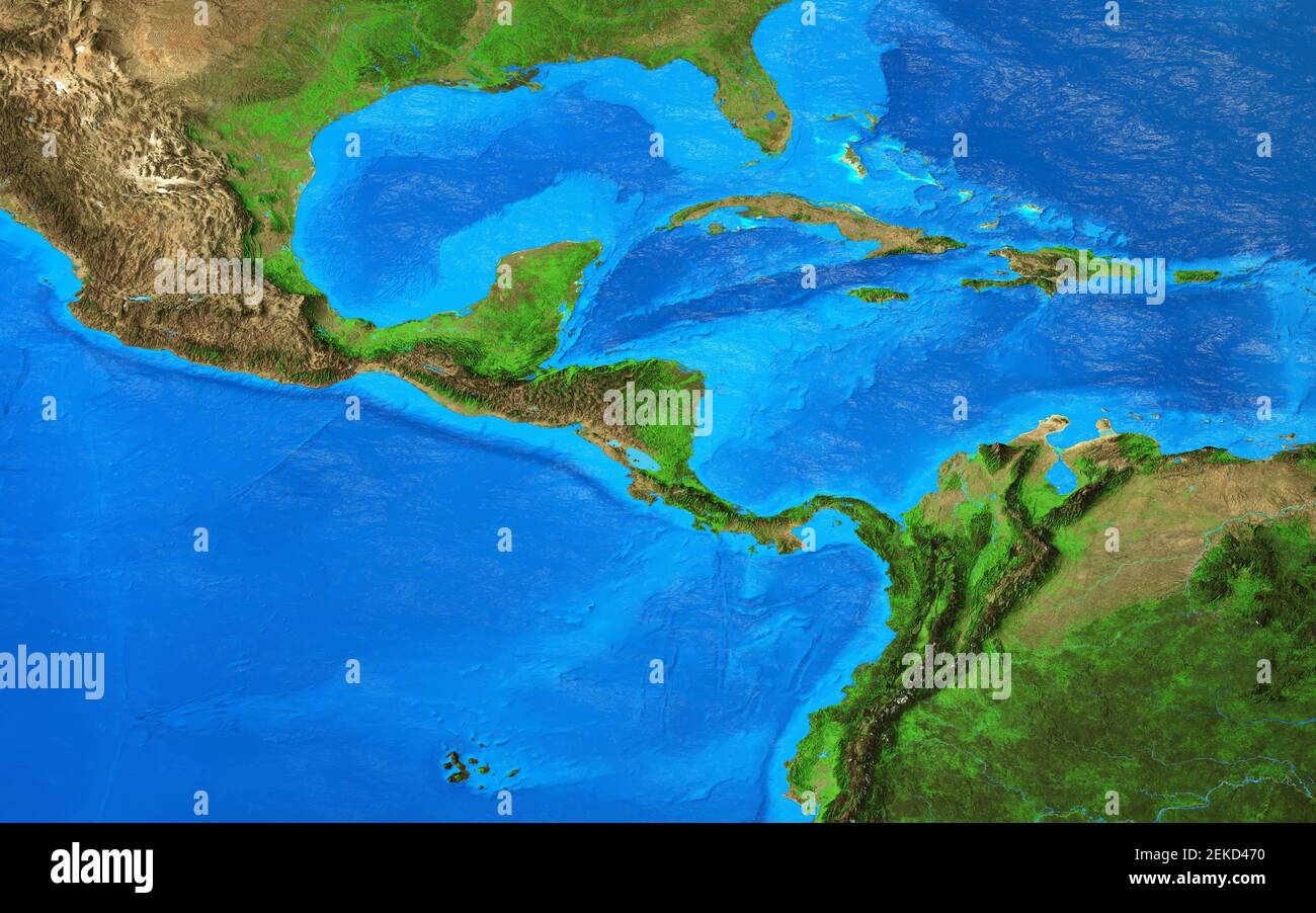 Physical map of Central America and the Caribbean. Detailed flat view of the Planet Earth and its landforms - Elements furnished by NASA Stock Photo