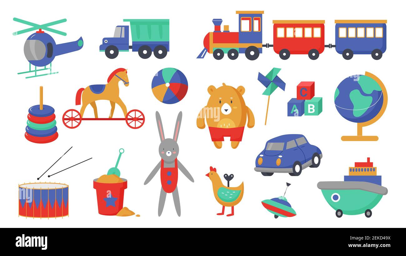 Kids toys vector illustration set. Cartoon children activity, education game collection with cute plastic toy transport to play with small boys and girls, funny playing objects isolated on white Stock Vector