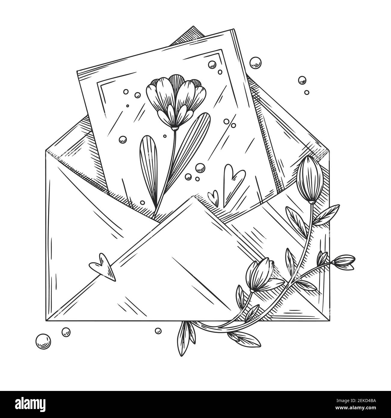 Envelope with postcard flowers and hearts Holiday package Vector  illustration in sketch style Stock Vector Image  Art  Alamy