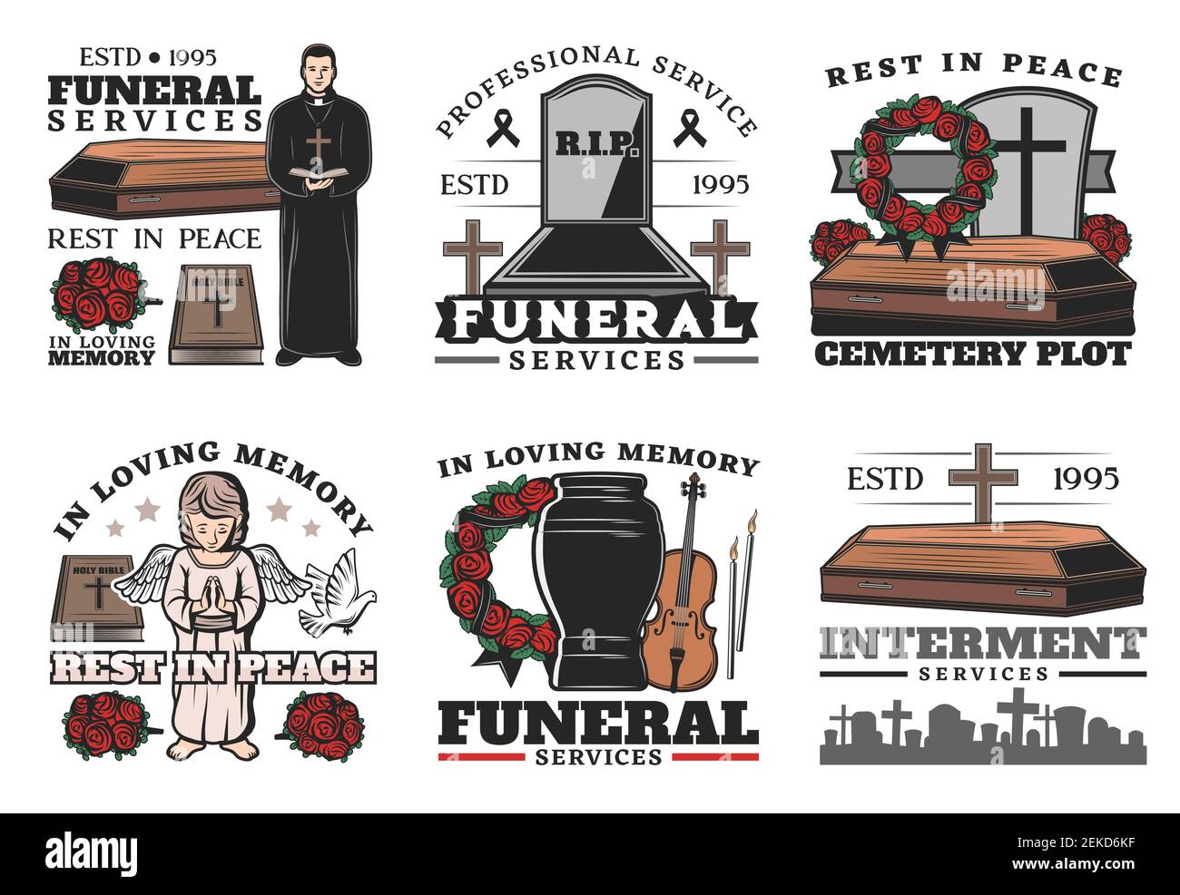 Funeral service coffin at cemetery vector icons of burial, cremation or