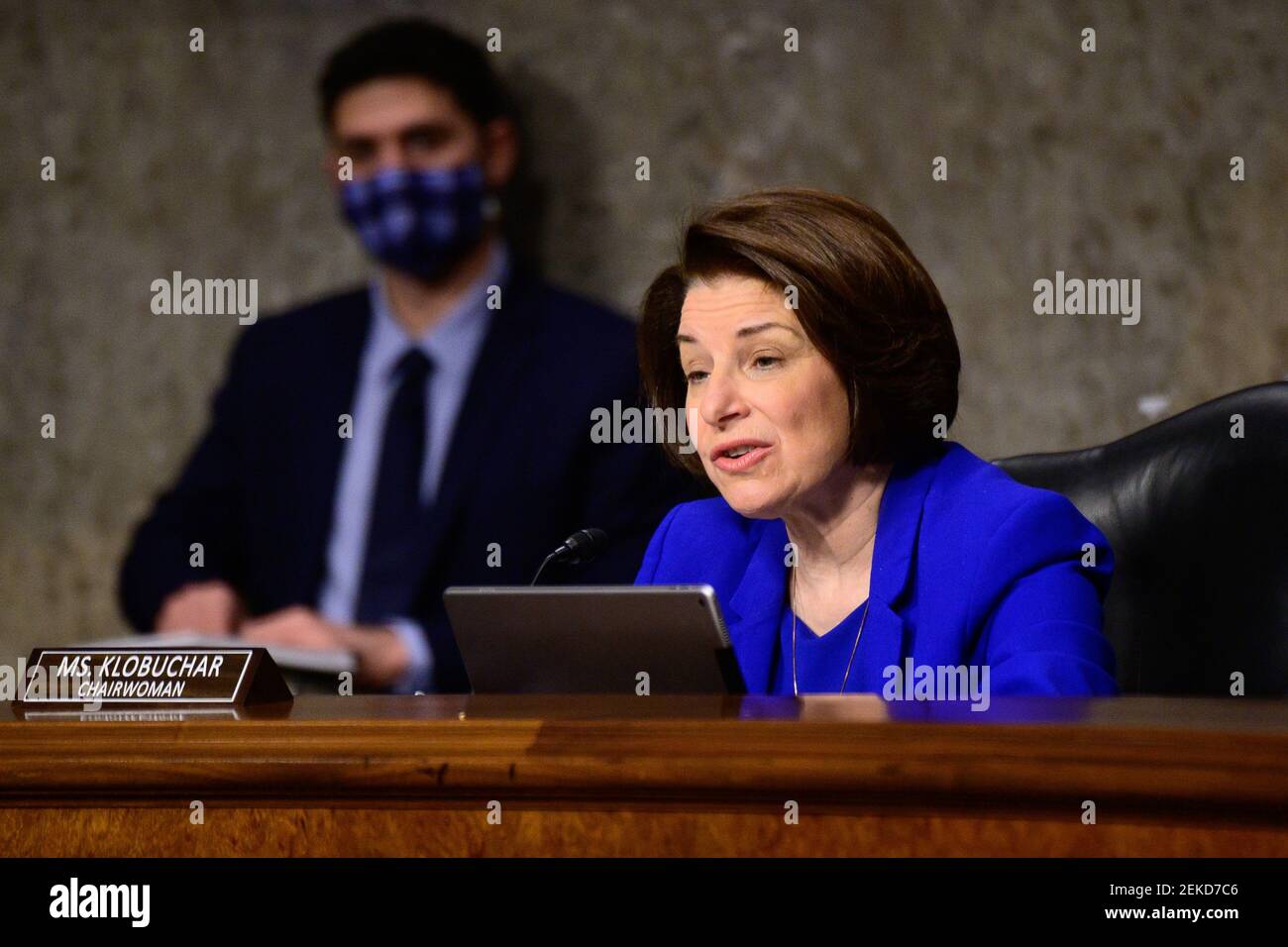 Washington, United States. 23rd Feb, 2021. Chairwoman Amy Klobuchar, D-Minn., speaks during a Senate Homeland Security and Governmental Affairs and Senate Rules and Administration committees joint hearing on Capitol Hill, Washington, DC on Tuesday, February 23, 2021, to examine the January 6th attack on the Capitol. Pool photo by Erin Scott/UPI Credit: UPI/Alamy Live News Stock Photo