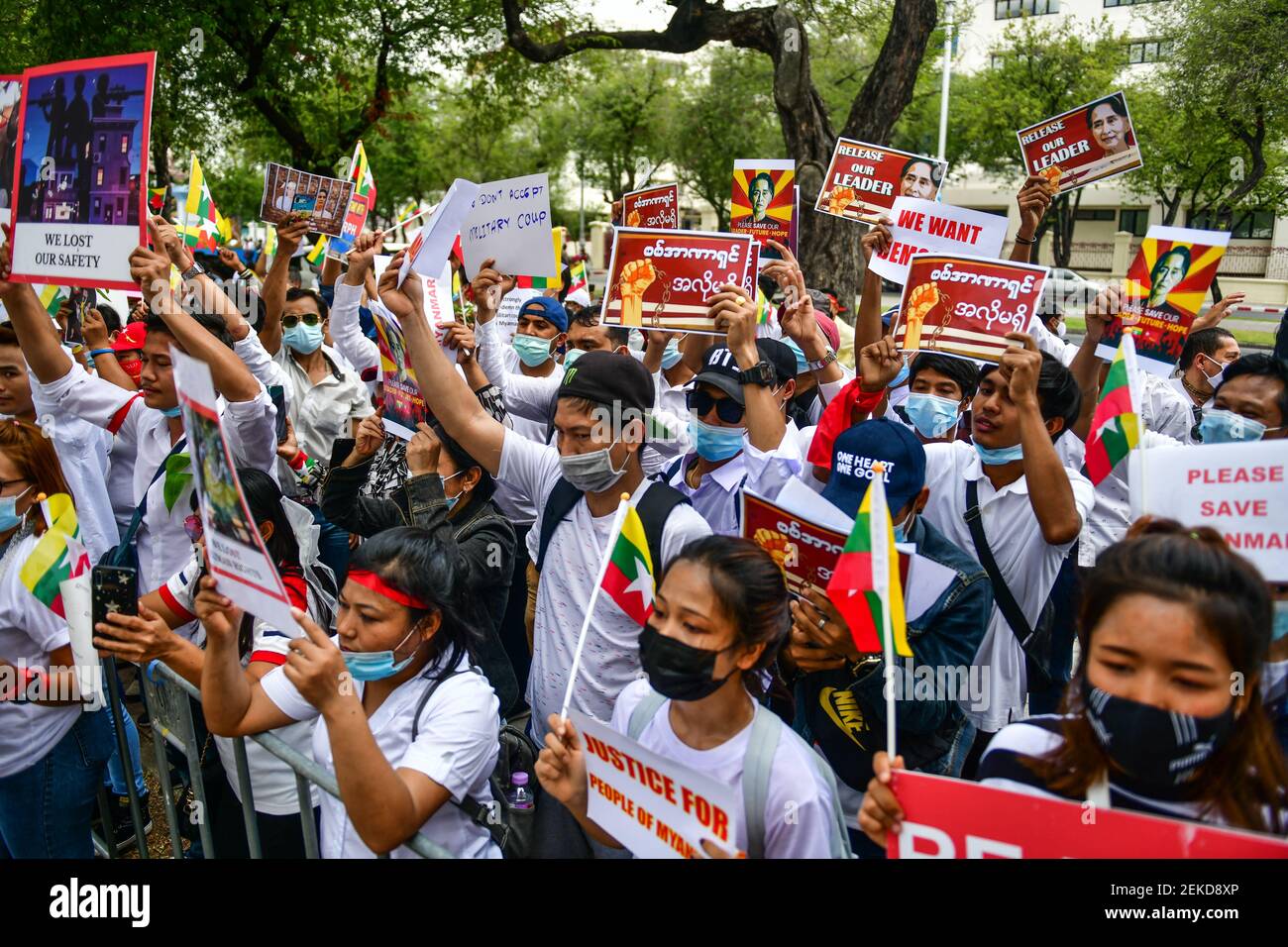Bangkok Thailand 22nd Feb 21 Myanmar People Living In Bangkok Hold Placards During A Rally Against The Coup In Myanmar Including The Violence That Is Now Happening Myanmar People Submit A Letter