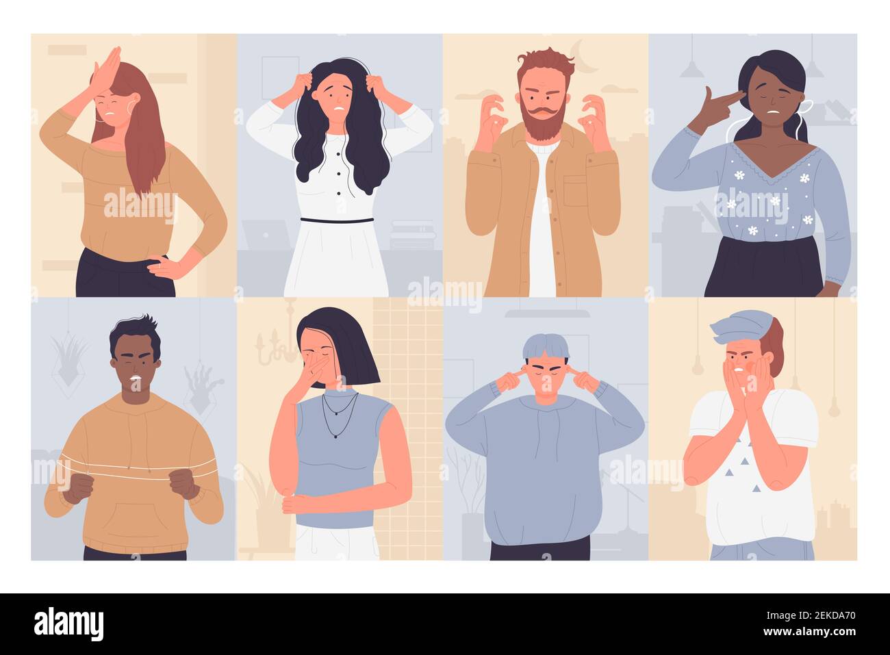 Upset annoyed people vector illustration set. Cartoon sad unhappy  disappointed adult characters in bad failure situation, with face palm  gesture, touch head in headache, disappointment or shame Stock Vector Image  & Art -