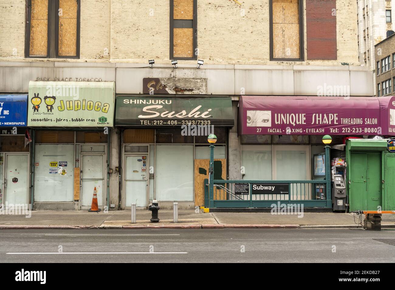 Vacant storefronts, slated for development, in Lower Manhattan in New