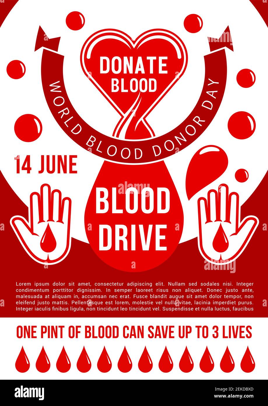 World blood donor day poster for blood donation. Vector design of heart,  blood drop and helping hand for 14 June social charity event and medical  volu Stock Vector Image & Art - Alamy