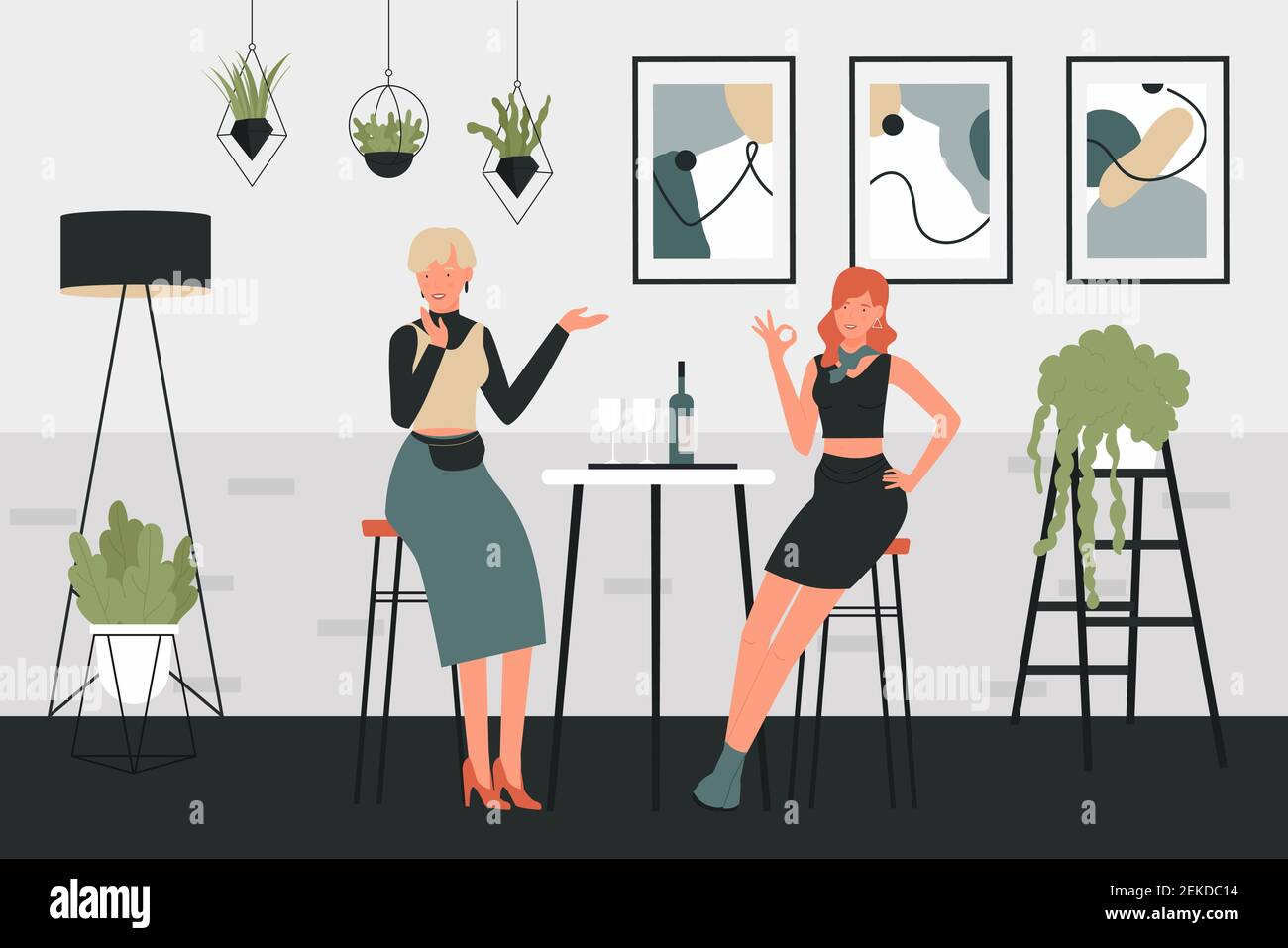 Girls drinking wine vector illustration. Cartoon woman characters sitting on high chairs next to table with glasses of wine drink and bottle in comfortable interior of home or cafe bar background Stock Vector