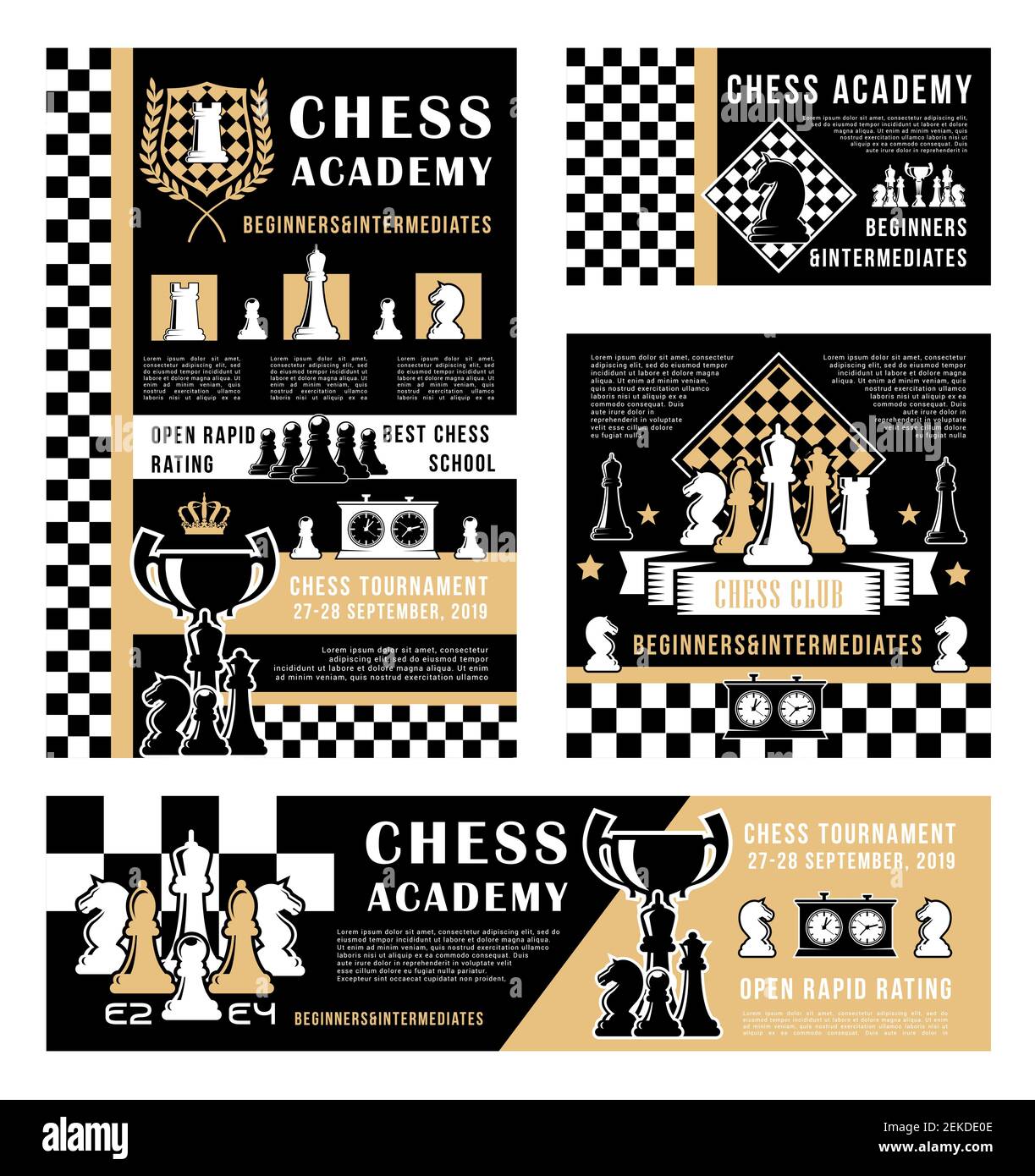 Chess sport board game vector design of pieces and winner trophy cups. Chessbords with black and white pawns, knights and rooks, queens, bishops and k Stock Vector