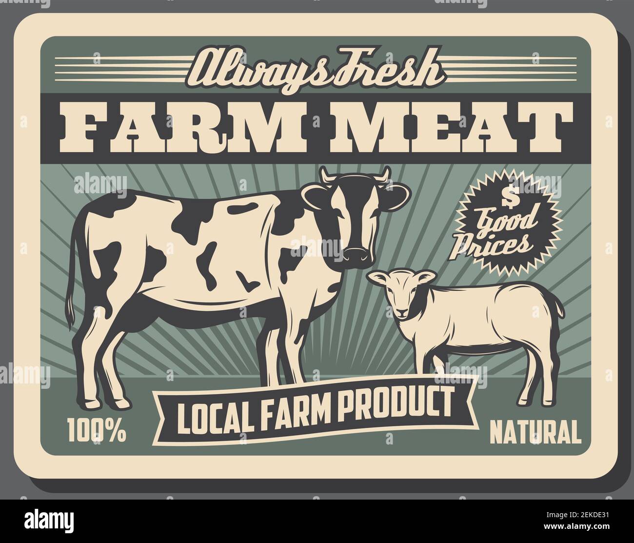 Farm meat, beef and lamb animals food products retro poster of livestock agriculture vector