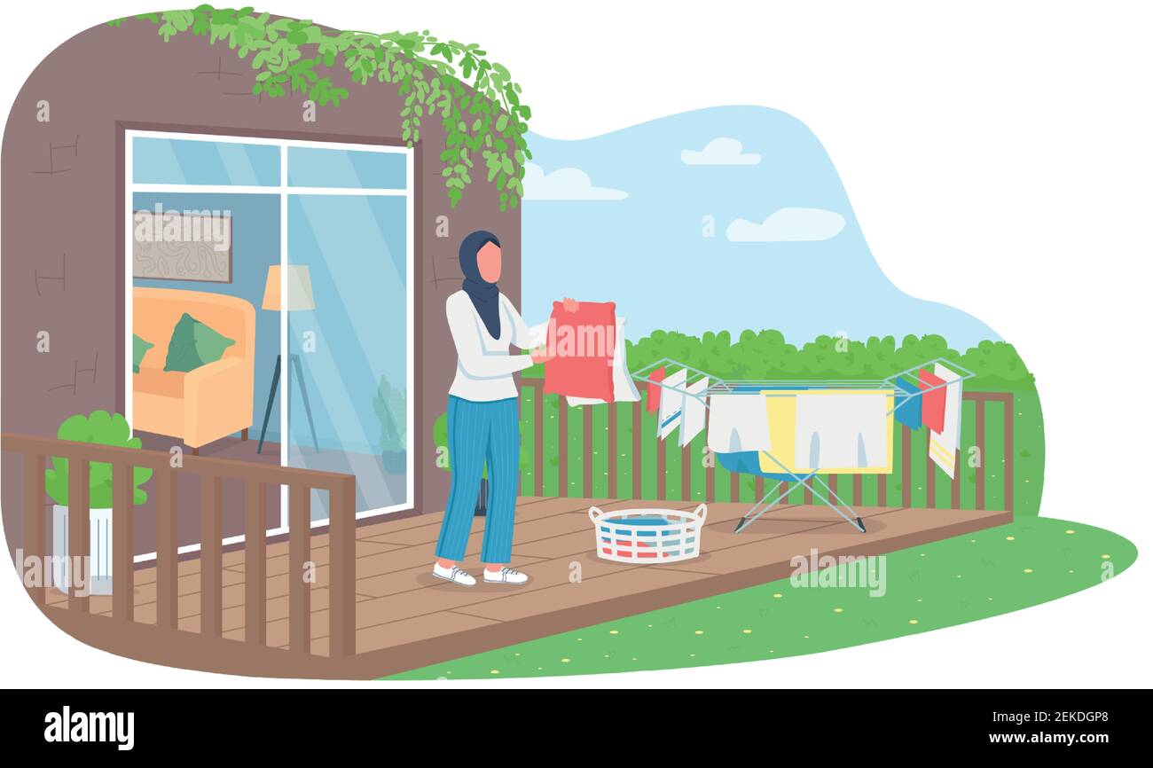 Muslim woman drying laundry outside 2D vector web banner, poster Stock Vector