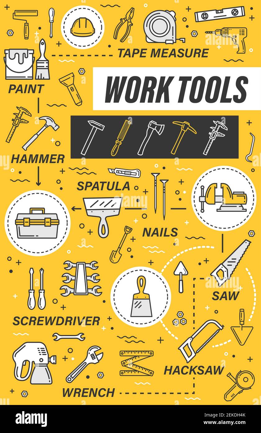 Work tools of construction, house repair and interior design vector design. Hammer, screwdriver and paint, brush, wrench and spatula, pliers, tape mea Stock Vector