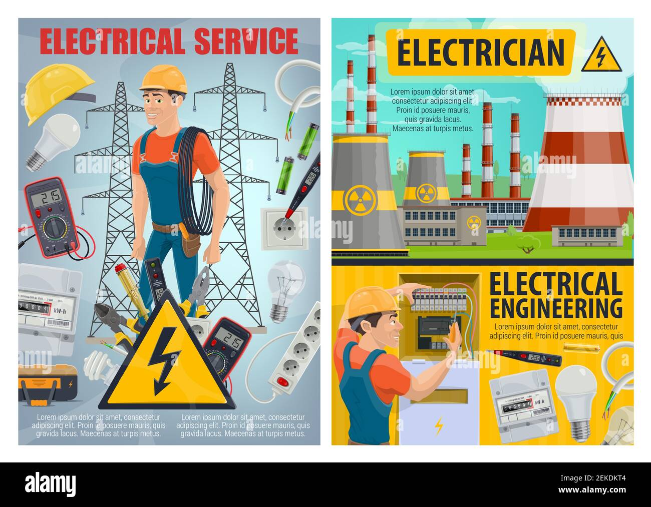 Electrical service and engineering vector design of electrician with electric tools and equipment. Power wire, tester and light bulbs, electricity met Stock Vector