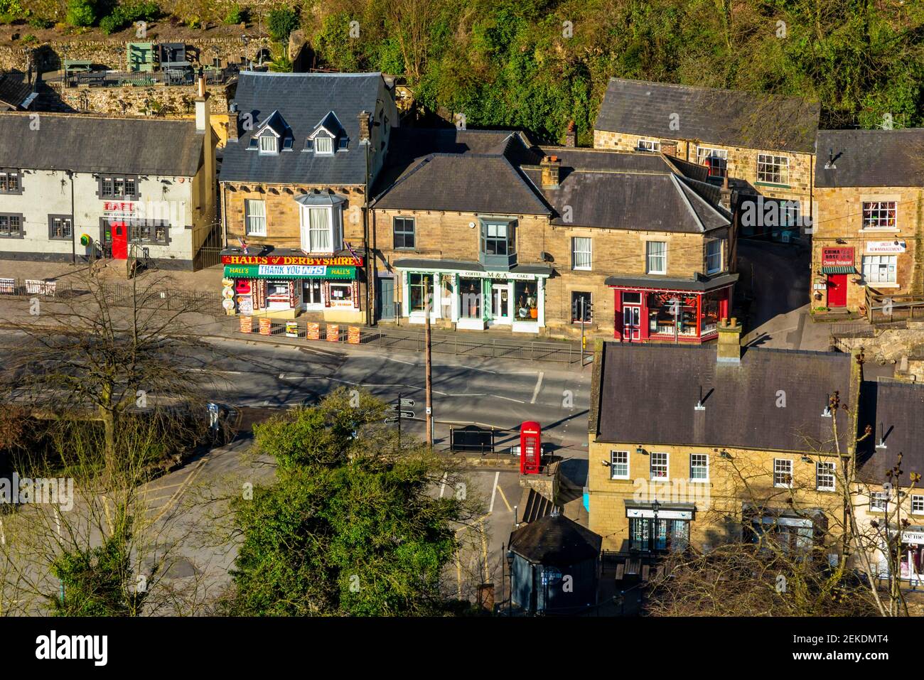 Shops and houses on the hillside at Matlock Bath a popular tourist village in the Derbyshire