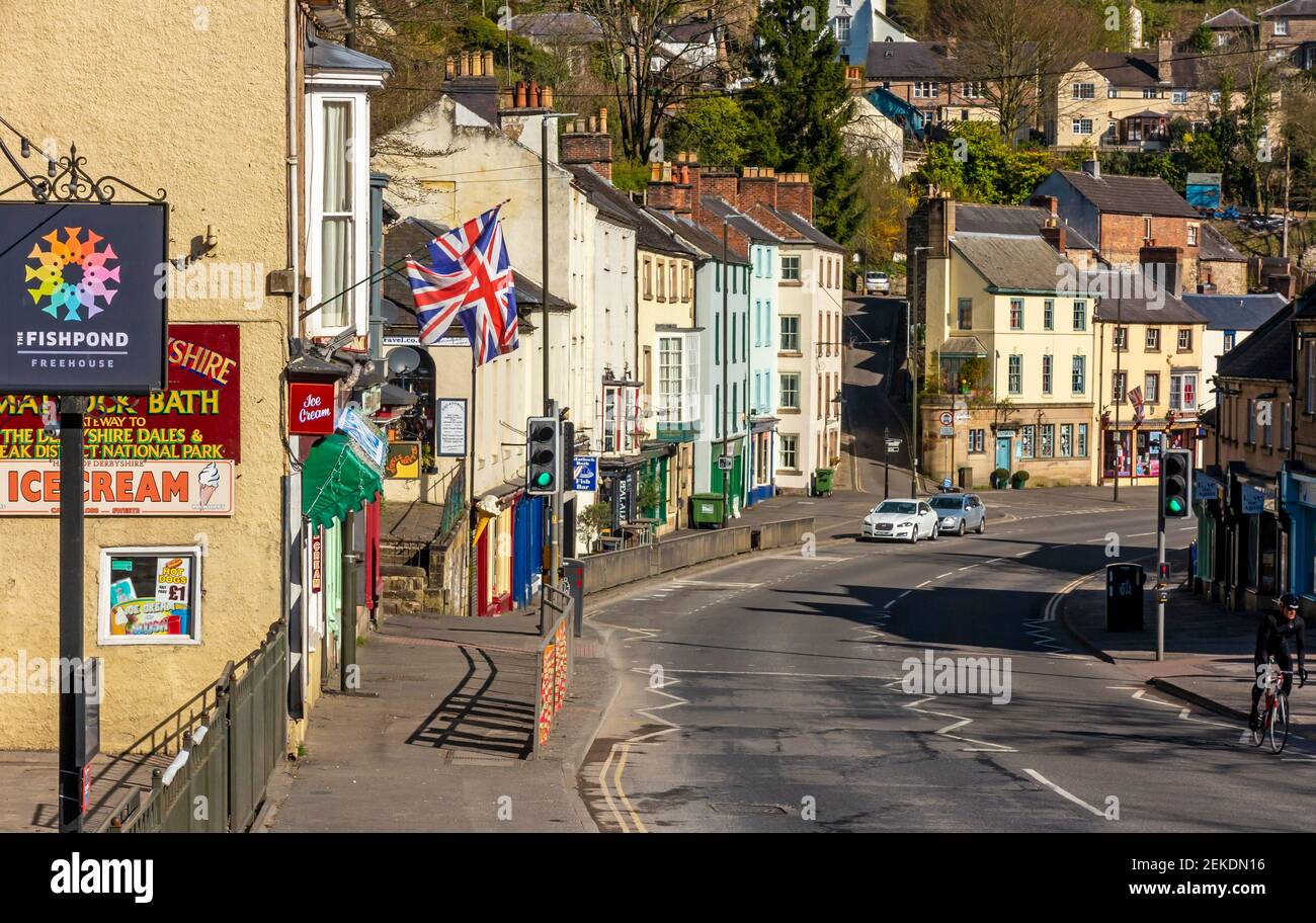 Shops and houses on the hillside at Matlock Bath a popular tourist village in the Derbyshire
