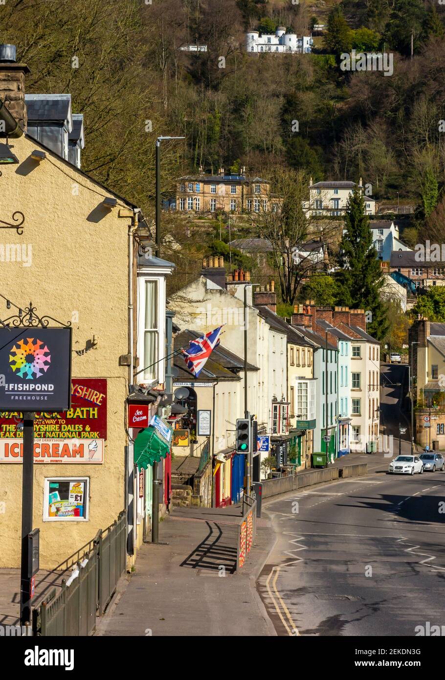 Shops and houses on the hillside at Matlock Bath a popular tourist village in the Derbyshire