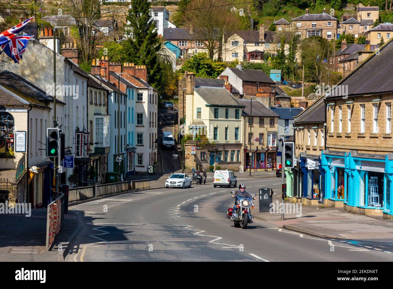 Shops and houses on the hillside at Matlock Bath a popular tourist village in the Derbyshire