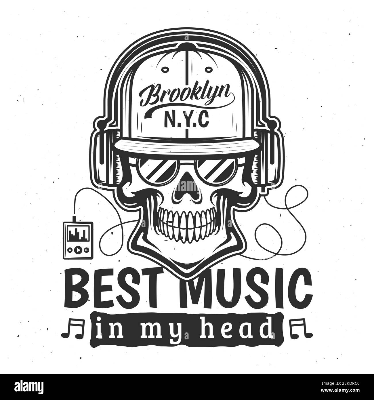 Skull with headphones t-shirt print. Vector skeleton head with trucker cap, sunglasses, musical notes and player, apparel fashion design with letterin Stock Vector