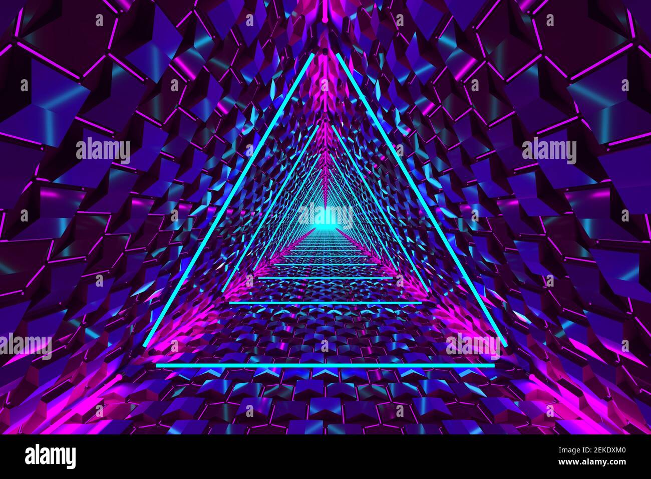 Blue pink neon triangle portal abstract background. Glowing lines, virtual reality tunnel, corridor. Triangle arch with purple neon lights. Bright col Stock Photo